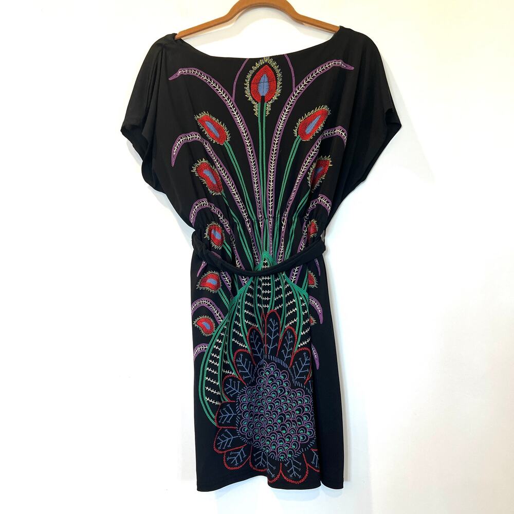 Orion London Mini Dress Medium Large Black Peacock Print Wide Neck